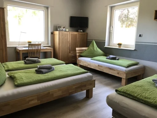 Geräumiges Mehrbettzimmer in einer Pension in Legden mit mehreren Holz-Einzelbetten, grüner Bettwäsche, Kleiderschrank, Fernseher und Schrei