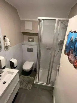 Modernes Badezimmer mit Dusche, WC, großem Waschbecken und Föhn in der Pension - Gästehaus Legden.