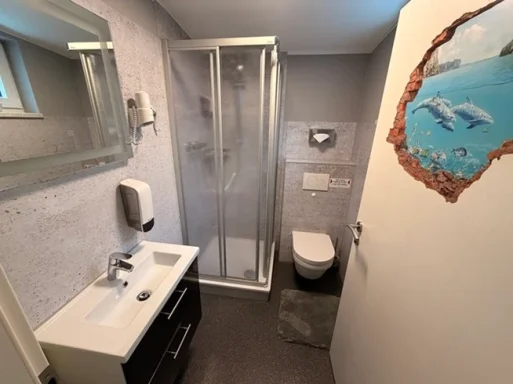 Modernes Badezimmer mit Dusche, WC und LED-Spiegel in der Pension - Gästehaus Legden.