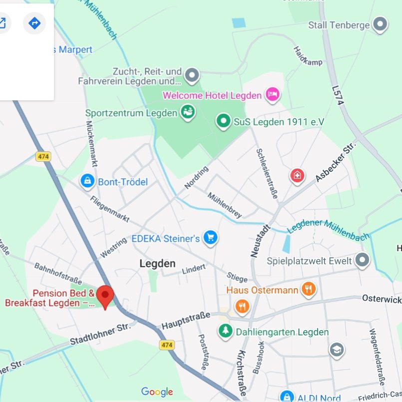Google Maps Kartenausschnitt von Legden mit wichtigen Orientierungspunkten wie EDEKA Steiner's, Dahliengarten und zentralen Straßen.