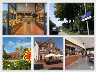 Collage mit Edeka-Innenansicht, Bahnhof Legden, Dahliengarten mit Kirche sowie Außen- und Innenansicht einer Gaststätte im Ortskern.