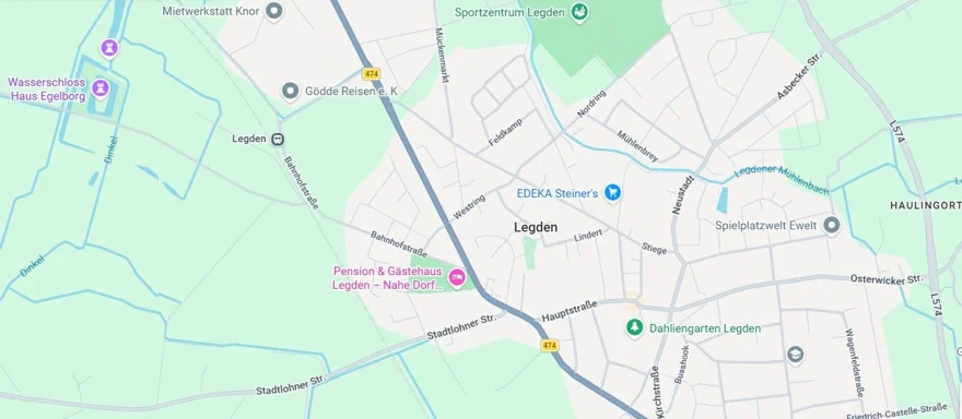 Google Maps Kartenausschnitt von Legden mit einer roten Standort-Markierung für die Pension & Gästehaus in der Straße Am Friedhof.
