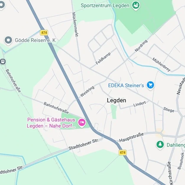 Google Maps Kartenausschnitt von Legden mit wichtigen Orientierungspunkten wie EDEKA Steiner's, Dahliengarten und zentralen Straßen.