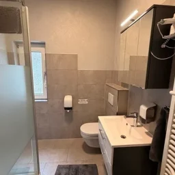 Modernes Badezimmer mit Dusche, WC, Spiegelschrank und Handtuchtrockner in der Pension - Gästehaus Legden.